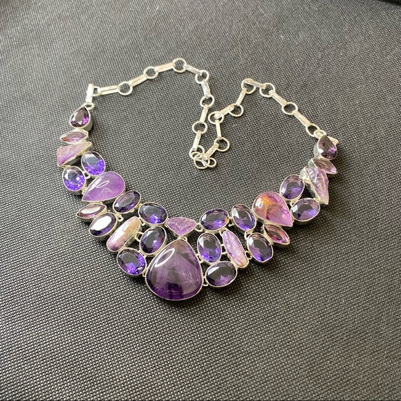 Charoite Necklace with Faceted Amethyst, Charoite and Biwa Pearl Bib Necklace - Picture 11 of 16